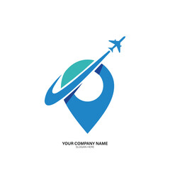 Minimalist travel company logo vector art of blue location pin with a swoosh and airplane flying around it
