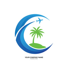 Minimalist travel logo vector art of travel logo with airplane, palm tree, and wave