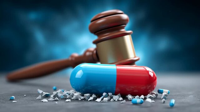 A close-up of a judge&rsquo;s gavel striking down on a capsule pill, symbolizing drug control laws. Medicine regulation by law and legal drug enforcement.