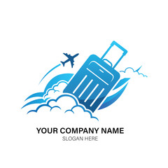 Minimalist travel logo vector art of blue suitcase with airplane and clouds, representing travel and tourism