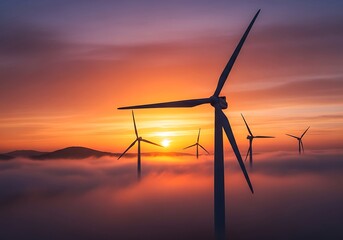 Wind turbines silhouetted against a dramatic sunset sky, emerging from a sea of clouds