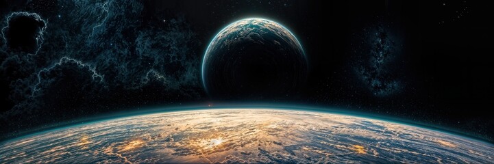 View of Earth from space with a distant celestial body in the background