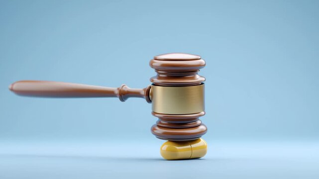 A close-up of a judge&rsquo;s gavel striking down on a capsule pill, symbolizing drug control laws. Medicine regulation by law and legal drug enforcement.