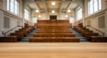 Fototapeta premium Empty lecture hall with wooden seats and amphitheater seating arrangement for commercial usage and mockups