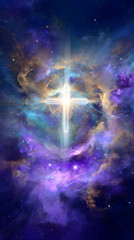 Surreal cosmic scene with luminous Christian cross surrounded by nebula clouds and glowing energy