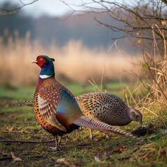 Fototapeta premium Elegant pheasant pair in autumnal field, nature's vibrant palette display