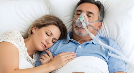 Middle-aged woman sleeping next to senior man wearing oxygen mask on hospital bed.