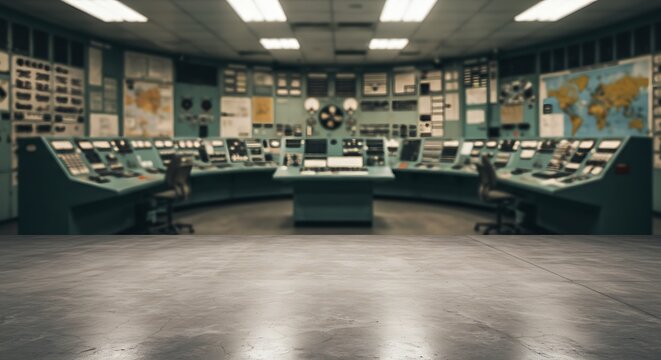 Retro control room with many monitors and world map, vintage technology, command center for commercial usage and mockups