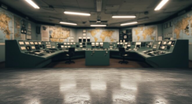 Retro control room with multiple computer screens and world maps on wall for commercial usage and mockups