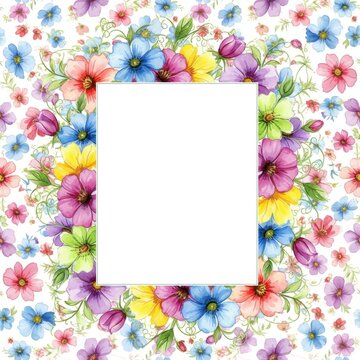 Floral watercolor frame with vibrant blossoms and empty rectangle space