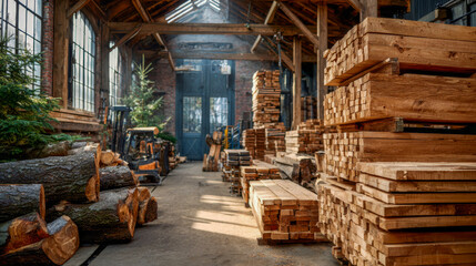 Woodworking shop filled with stacks of lumber and logs during bright daylight hours
