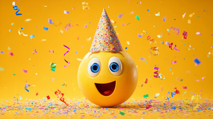 High-resolution 3D yellow party emoji face wearing a festive cone hat, surrounded by colorful confetti, cheerful expression, isolated on a bright background