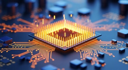 High quality image of intricate closeup of a central processing unit cpu on a circuit board, illuminated by vibrant orange light emanating from its pins and pathways