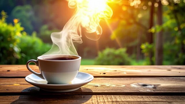 Steam coming from a cup of coffee on a empty wooden table