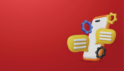 3D smartphone with chat bubbles and gears. A concept for customer support, chatbot services, and technical assistance.