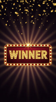 Bright illuminated winner sign with falling confetti and spotlight effect
