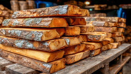 Stacked timber logs ready for use in a rustic workshop during late afternoon with warm golden light