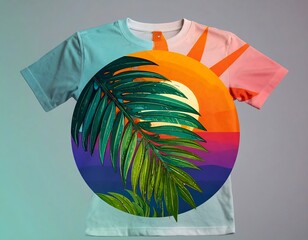 Vibrant graphic tee with sunset and palm leaf design