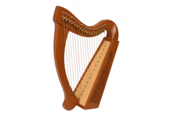 Celtic harp showing intricate knot design on wood