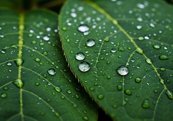 Closeup macro shot of water droplets on vibrant green leaves after a rain shower