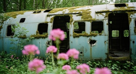 Moss-covered abandoned plane fuselage amidst vibrant pink flowers in an overgrown forest
