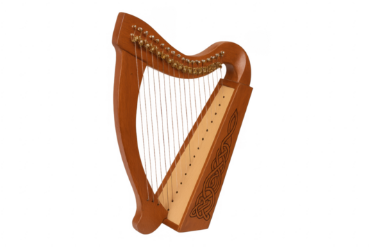 Celtic harp showing intricate knot design on wood