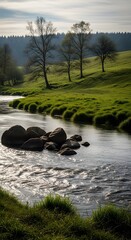 Picturesque river flowing through green landscape with rocks and trees under cloudy sky