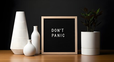 Stylish Home Decor Featuring Motivational Message Dont Panic with White Vases and Potted Plant