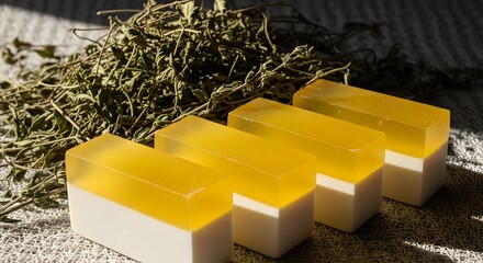Handmade natural soap bars with herbs for healthy lifestyle and skincare routine