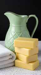 Elegant soap bars with ceramic pitcher and towel for spa and wellness concept