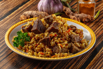 Asian traditional pilaf with beef