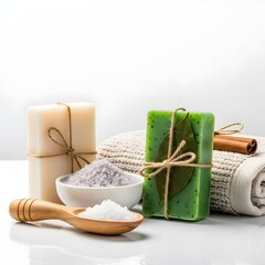 Natural spa treatments with handmade soap bath salts cinnamon and soft towel on a white background