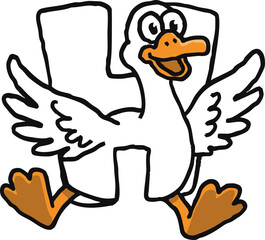 Happy and silly goose letter H character. White cartoon bird alphabet illustration perfect for playful education design