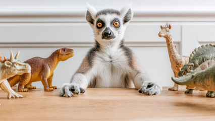Obraz premium Lemur surrounded by dinosaur toys engages in playful imagination at a cozy table setting