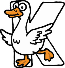 Happy silly cartoon goose letter K character. funny alphabet bird drawing for education and learning