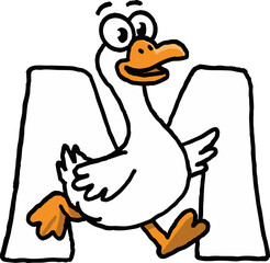 Silly goose letter cartoon mascot walking in front of big letter M funny character illustration smiling happily
