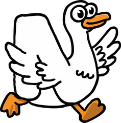 Silly goose letter cartoon illustration of happy running bird. This goofy animal character has funny expression