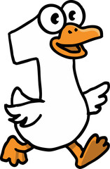 Silly goose letter cartoon character shaped like number one walking with happy funny expression