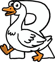 Silly goose letter R alphabet character. happy cartoon goose illustration walking with fun goofy expression