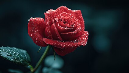 Dewy red rose, velvety petals, dark background