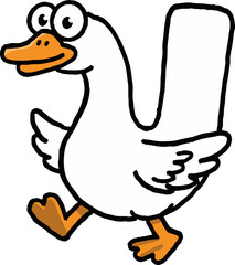 Silly goose letter U cartoon character walking. This funny animal alphabet font with big eyes has happy expression