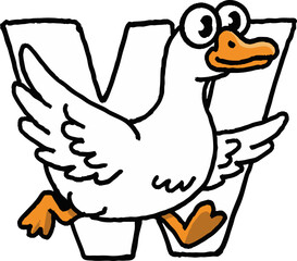 Silly goose cartoon character and mascot running. funny goose letter W icon for playful design concept