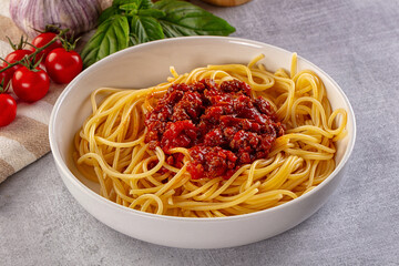 Italian pasta spaghetti bolognese with minced beef meat and tomato sauce
