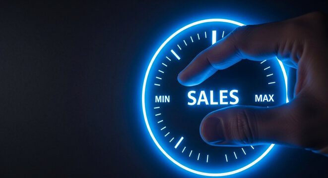 Hand turning a dial to maximum sales on a glowing blue gauge