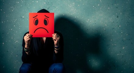 Person Hiding Face Behind Red Sad Emoji Card Expressing Negative Emotions and Feelings