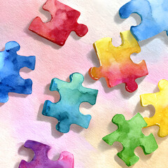 Watercolor Clipart of Several Colorful Puzzle Pieces 