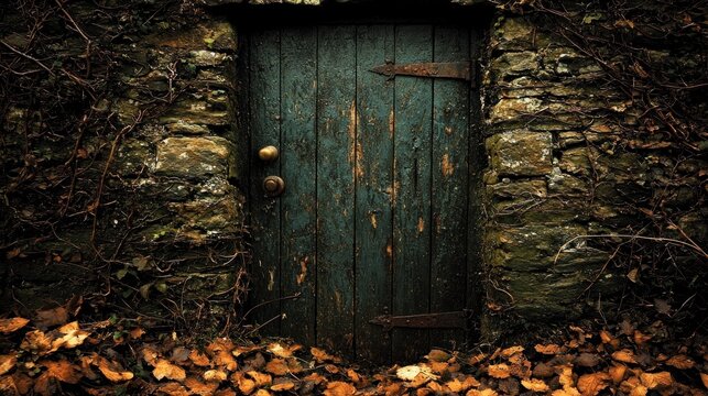 Old, distressed teal door in a mossy stone wall with autumn leaves and bare vines