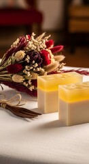 Handmade soap with flowers and rustic wooden fork on a textured white surface