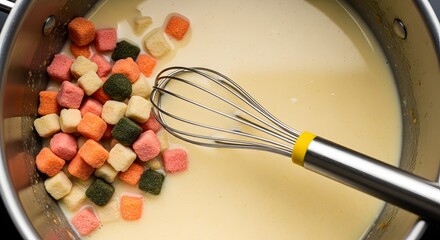 Preparing Delicious Colorful Gnocchi Dish in a Stainless Steel Pan with a Whisk Ready to Mix