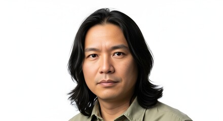 Portrait of a middle aged Asian man with long hair against white background studio shot